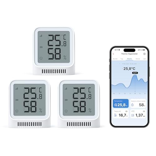 X-Sense 3 Stück WLAN Thermometer Hygrometer Innen mit X-Sense App, Mini Digital Raumthermometer, Angepasster Komfortbereich, Smiley-Indikator,...