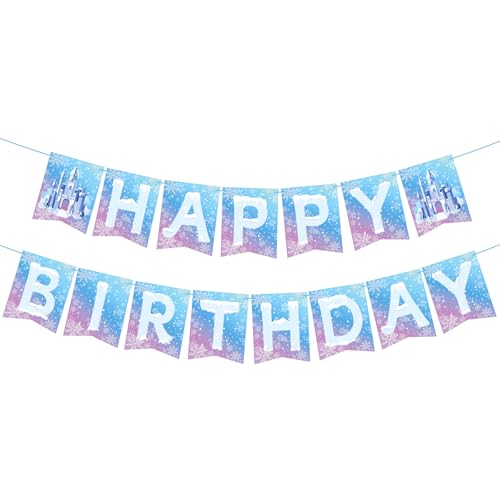 Image of Hooqict Frozen Happy Birthday Banner Birthday Party Decorations Snowflake Party Banner Garland Sign for Kids Girls Boys Winter Wonderland Decorations Christmas Holiday Frozen Themed Party Supplies
