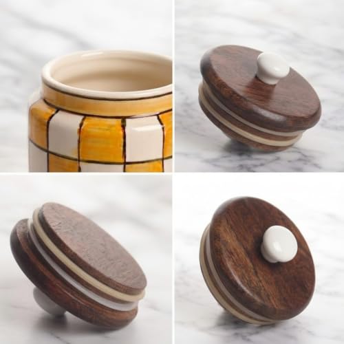 Image of Airtight Ceramic Jar with Wooden Lid (Pack of 2) - 1000ml Each - Kitchen Storage Containers for Sugar, Tea, Salt, Pickles, Pulses & More (Yellow & Black)