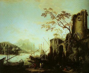 Peinture à l'huile Seascape with Towers de Salvator Rosa, reproduction sur toile 36x48 pouces