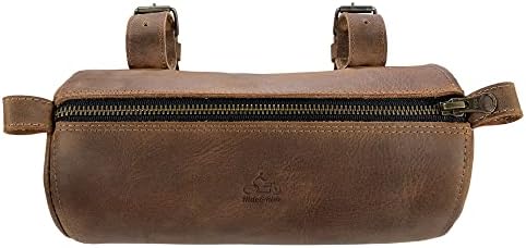Hide & Ride, Rustic Barrel Tool Bag for Motorcycle Handmade from Full Grain Leather - Handlebar Bag for Bikers with Adjustable Straps, Motorbike Pouch - Bourbon Brown