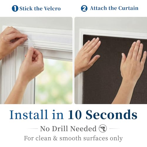 Image of 100% Blackout Magic Tape Stick On Curtains Window Shades Pull Down Blackout Window Cover No Drillng Self Adhesive Curtains No Rod Small Windows, W35 x L60 inch, 1 Panel, Dark Brown