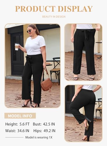 Eytino Plus Size Pants for Women Casual High Waisted Tie Knot Loose Work Pant Lounge Trousers with Pockets(1X-5X)3