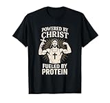Le design sur le thème de la salle de sport dispose de la citation « Powered By Jesus Fueled By Protéine », avec Jésus fléchissant avec une croix sur la poitrine. Idéal pour les amateurs de gym chrétiens qui aiment la musculation et les haltérophiles avec de fortes valeurs spirituelles.