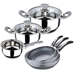 Cazuelas Y Sartenes SAN IGNACIO Alexia + Soul Marble | Batería de Cocina | 2 Cazuelas con Tapa de 2,9L y 2,1L; 1 Cazo de 1,5L y 3 Sartenes de 16, 20 y 24cm | Sartenes y Cacerolas Antiadherentes | Todo Tipo de Cocinas