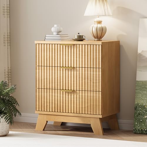 Image of Fluted Dresser for Bedroom with 3 Drawers, 24 inch Wide Modern Chest of Drawers with Metal Handle, Wooden Dresser TV Stand, Wood Closet Clothes Storage Organizer for Living Room, Hallway, Natural Oak