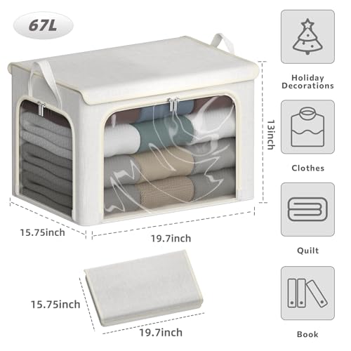 Chizjox 4 Pack Clothes Storage Bins with Metal Frame - 66L Stackable Storage Box with Lid，Foldable Storage Container Organizer for Clothes，Linen Fabric Storage Box with Clear Window＆Zippers＆Handles — view 3