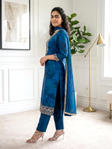Image of Naixa Women's Blue Viscose Silk Embroidered Printed Straight Kurta with Silk Blend Pant Georgette Printed Dupatta Set | 3 /4th Sleeve | Round Neck | Festive Suit