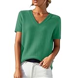 PODOLIXIA Jersey de manga corta para mujer, cuello de pico, de punto, monocolor, manga corta, jersey de punto fino, suave, respetuoso con la piel, para verano, suéter para mujer, verde, L