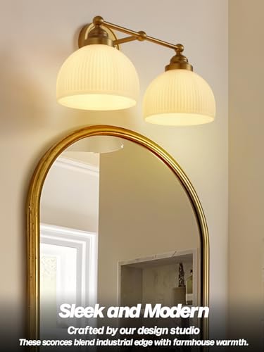 Image of 2-Lights Milk White Glass Wall Sconce Lighting Brass Finished, Double Arm Bathroom Vanity Light Fixture for Bedroom Living Room Dining Room Hallway