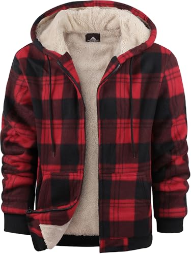 Image of ZITY Heavy Thick Hoodies for Men Plaid Flannel Warm Sherpa Fleece Lined Winter Full Zip Up Coat