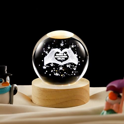 Image of 3D Greatful Crystal Ball Lamp with Dimmable LED and Wooden Base, Night Light for Kids Teens Adults, Home Desk Office Bedroom Decor, Birthday Gift (2.4 inch / 6cm)