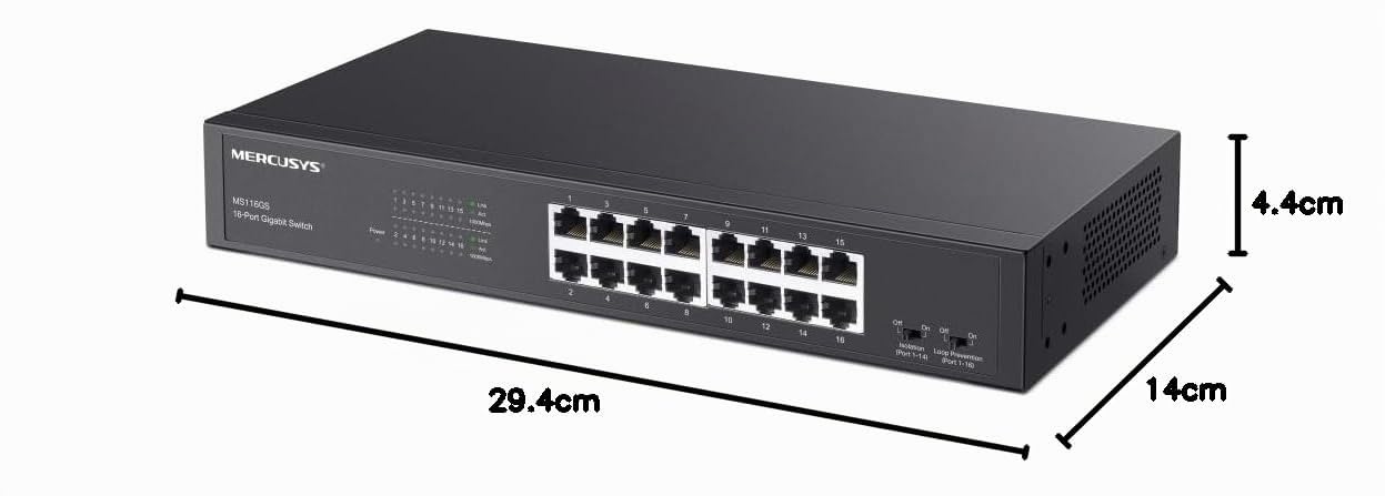 Mercusys MS116GS Switch Gigabit 16 Puertos, Montaje de Escritorio o Bastidor, Plug & Play, prioridad de tráfico, prevención de Bucle, Modo de Aislamiento, Funcionamiento silencioso, Carcasa de