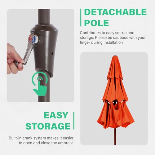 Image of JEAREY 9FT 3 Tier Patio Umbrella Outdoor Market Umbrella Table Umbrellas with 8 Ribs 1.5 Pole Push Button Tilt and Crank UV Protection for Garden,Orange