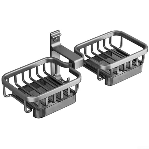 Soporte de pared de doble capa para jabón, estante de almacenamiento de baño, estante de almacenamiento de aluminio, sin taladro, organizador para cocina con ganchos