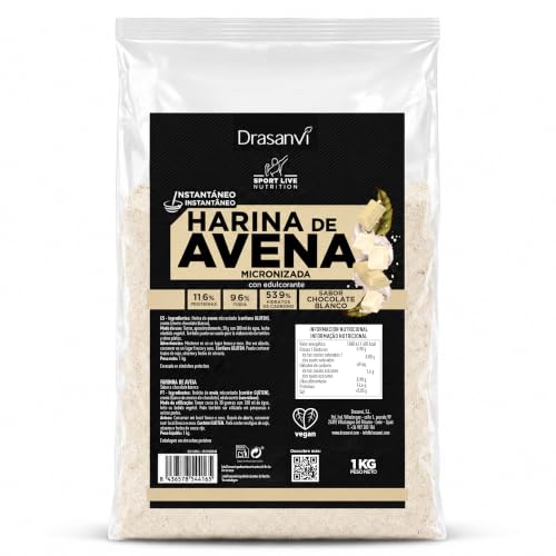 Harina de Avena Micronizada Chocolate Blanco Sport Live Drasanvi 1kg | Fuente Natural de Proteinas y Vitaminas, Alto Contenido en Fibra, Ideal para el Desayuno, Tortitas, Batidos y Fitness