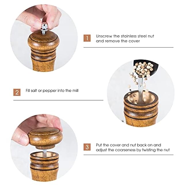 Wooden Salt and Pepper Grinder Set, 6.5 inch Rubber Wood Salt and Pepper Mills Set of 2 with Acrylic Visible Window & Adjustable Ceramic Rotor