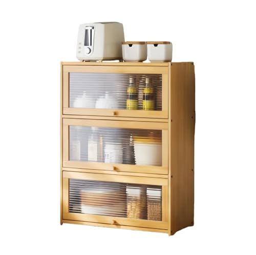 Pazeku 竹製 キッチン 食器 フラップ扉 食器棚 キッチン収納 キッチンカウンター 一人暮らし 収納棚 食器 キッチンカウンター キッチンキャビネット 食器収納棚 レンジボード 安定 防塵 防湿 防虫 小型 ガラス扉 (木の色,3層52インチ) [並