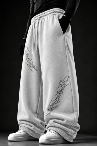 Image of Aesthetic Gothic Wide Leg Pants for Men | Tribal Print Baggy Streetwear | Oversized Track Pants with Elastic Waist | Black and White Relaxed Fit Bottoms
