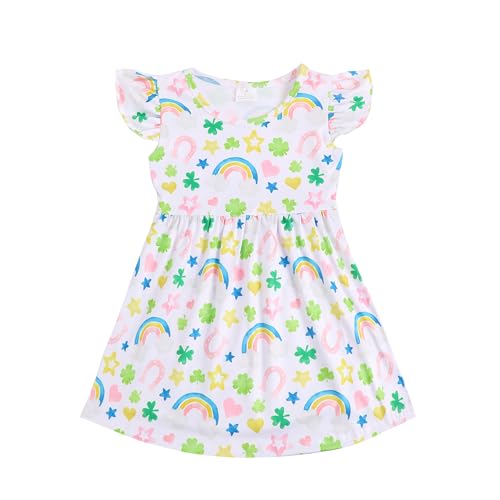 Shamrock Toddler Girl Dress Green Clover Print Short Sleeve Dress 3-8Y