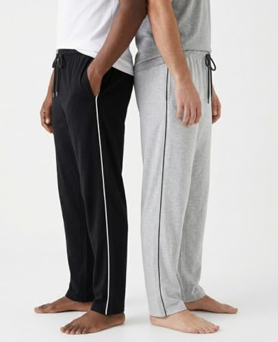 Image of Men's Pyjama Bottoms with Side Stripe, Black and Grey, Cotton Blend, Elastic Waistband with Drawstring, Relaxed Fit, 2 Pack