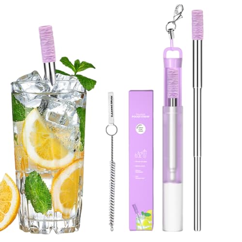 Pajitas de metal reutilizables - 0.83x0.83x5.04 pulgadas paja telescópica de acero inoxidable, tubo de bebida plegable de silicona viajar | Juego de paja portátil ecológico para acampar al