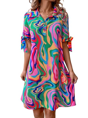 SweatyRocks Blusenkleid Damen Lang Tunika Kleid Elegant Hemdblusenkleid Langarm Kleid Shirtkleid Boho Herbstkleid Knielang Heißes Pink XL