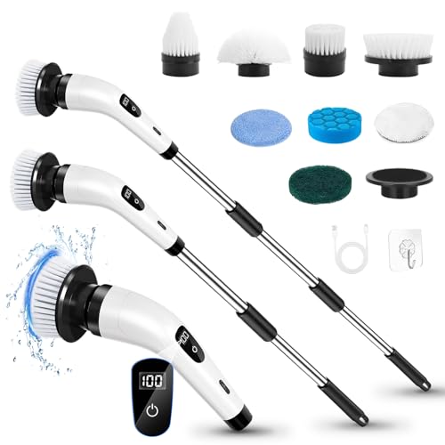電動お掃除ブラシ ポリッシャー 8つの替えブラシ付き デッキブラシ 3段階長さ伸縮可能 コードレス 充電式 手持ち 軽量 お風呂 トイレ 浴室 バス 床 窓 壁 台所 玄関の掃除 浴槽磨き 年末掃除, QX-018