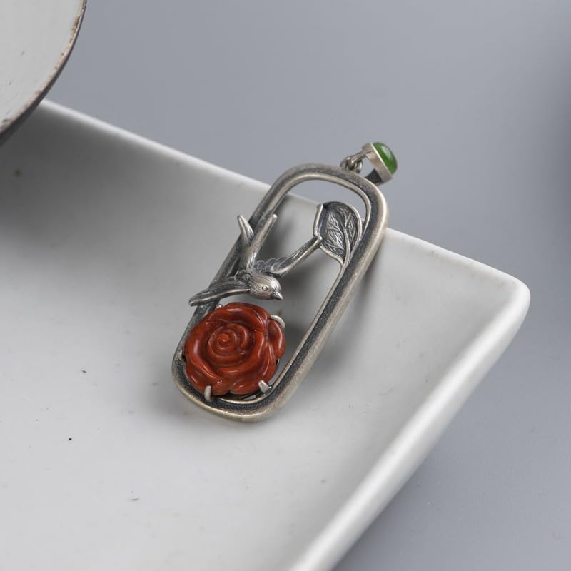 Pendentif en argent 925 pivoine rouge et hirondelle pour sublimer vos pulls d'hiver - 6
