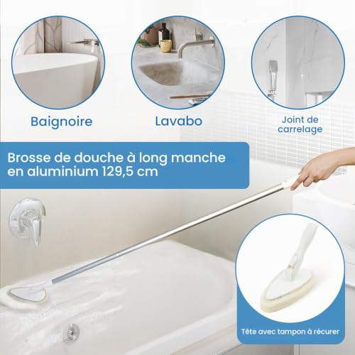 Qaestfy Brosse à récurer et Brosse de Nettoyage pour Douche avec Long Manche en Aluminium de 130 cm pour Salle de Bain, Baignoire et carrelage - Modèle QAE002 – vue 2