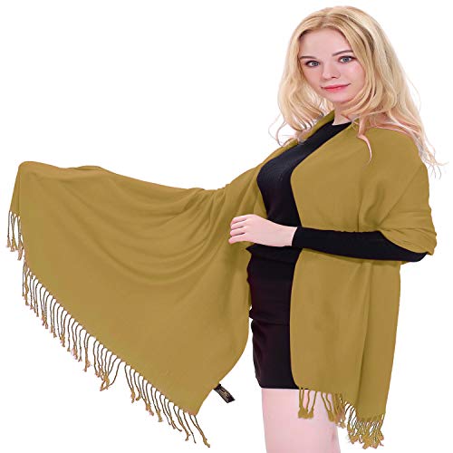 CJ Apparel Gold Solid Color Tassels Design Nepalese Shawl Scarf Wrap Stole Throw Head Wrap Pashmina Hand Made in Nepal New