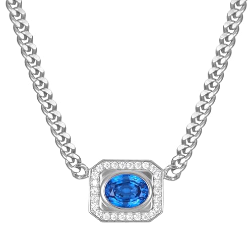 Cuban Chain Necklace for Women, Blue Gemstone Necklace with Moissanite Halo, 18K White Gold Plated Sterling Silver, Women's Jewelry, Anniversary Birthday Gifts for Her
