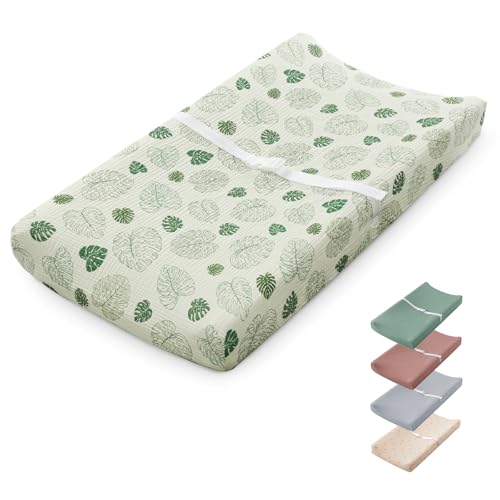 Image of Blissful Diary Muslin Baby Changing Pad with Waterproof Lining Foam, Diaper Changing Table Pad with Cover for Dressers (Monstera, Rectangular)