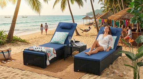 Image of UF Outdoor Poolside Lounger with Adjustable Backrest Sun and Patio Table Chaise Recliner for Terrace Garden Poolside for Relaxation Durable and Stylish- Set of 2 (Brown & Blue)