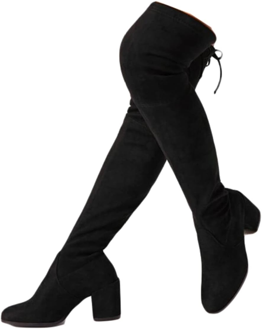 [ＬＳＤＺＷ] ブーツ レディース ストレッチ素材で履きやすい 可愛い ロングブーツ 6cmの太ヒール チャンキーヒール 低反発クッション ブラック 黒 痛くない ラウンドトゥ ニーハイブーツ 長靴 レディースブーツ アウトドア 防滑
