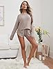 Ekouaer Womens Waffle Knit Pajama Sets Long Sleeve Top and Shorts Matching Lounge Set Sleepwear Loungewear Sweatsuit with Pockets A-Light Khaki Large