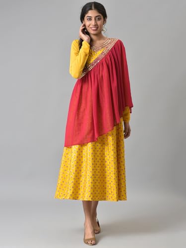 Image of Aurelia Yellow Zari Embroidered Dress with Pink Embroidered Dupatta