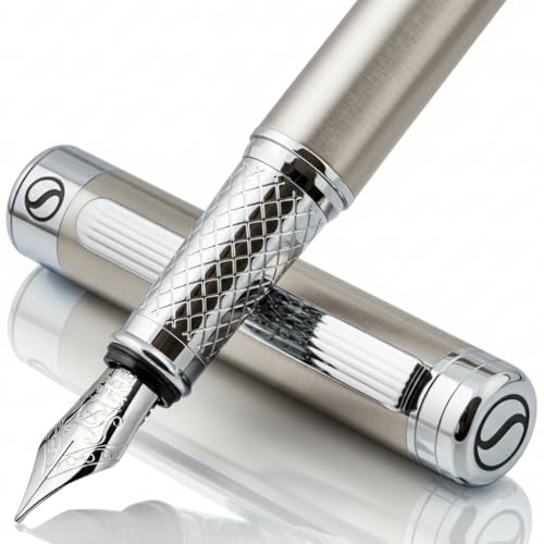 Image of Scriveiner Stainless Steel Fountain Pen - Stunning Luxury Pen with Steel Finish, Schmidt Steel Nib (Fine), Best Pen Gift Set for Men & Women, Professional, Executive Office, Nice Designer Pens