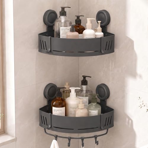 Suction Cup Corner Shower Caddy, No Drilling Aluminum Shower Shelf (Gray) | Super Strong Suction, Strong Load-bearing, Rustproof, Fast Drainage, for Bathroom Kitchen Bedroom