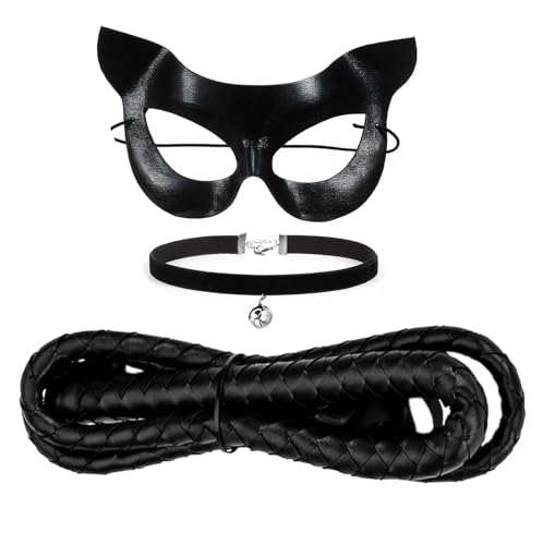 Cat Woman Katzenkostüm 3 Stück Katze Kostüm Set Katzenkostüm Damen Kinder Halskette Masken Peitsche Katzenfrauenkostüm Katze Kostüm...