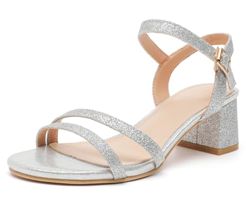 DADAWEN Women's Open Toe Ankle Strap Low Block Chunky Heels Sandals Party Wedding Dress Pumps Shoes Silver US Size 4.5
