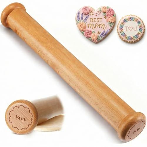 Chengu Wooden Cookie Rolling Pin 1/4-in. Fixed Depth Rolling Pins for Baking Hardwood Dough Roller Cake Supplies for Honey Bee Cookie Pie Chapati Fondant Gifts Holiday Party Wedding
