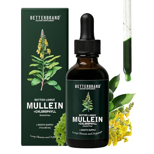 Betterbrand Mullein Drops for Lung Detox - Mullein Leaf Tincture with Chlorophyll - Helps Support Respiratory Health, Alcohol-Free, 1 Month Supply - 60ml