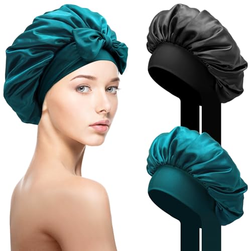 Bonnet de Soie pour Cheveux, Doux pour la Nuit, 2 Pièces pour Cheveux Longs et Bouclés, Respirant avec Large Bande Ajustable pour Attacher à la Tête