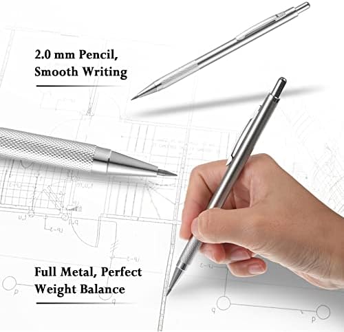 Full Metal Mechanical Pencil 2.0 mm Mechanical Lead Holder Clutch Pencil Artist Mechanical Pencils for Drawing, Sketching, Architecture Drafting