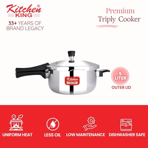 Image of Cooker Triply Pressure Cooker, Induction Cooker, Outer Lid Pressure Cooker, Induction & Gas Stove Compatible, Onbody 5 Years Warranty (5 Litres)