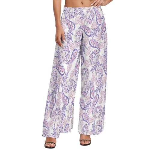 Palazzo Pants for Women, Purple Pink Paisley Casual Comfy Womens Wide Leg Pants Baggy Lounge Pants