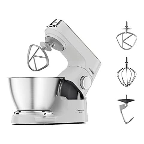 Kenwood Titanium Chef Baker KVC65.001WH - Küchenmaschine mit integrierter Waage, 1200 Watt, inkl. 3-teiligem Patisserie-Set, Spatel & Spritzschutz Cover