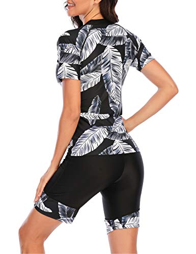 JadeRich Women's Short Sleeve Rash Guard Swimsuit Patterned Zipper Two Piece Bathing Swimwear, Black, L