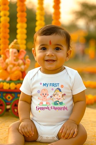 Image of Lillypupp My First Ganesh Chaturthi Dress For Baby Boy Girl | Baby Ganesha Romper Gift For New Born Photography | Ganpati Bappa Morya Baby Photoshoot Dress |